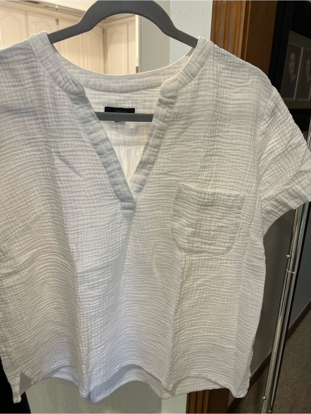 J. Crew White Textured Short-Sleeve Notch V Shirt